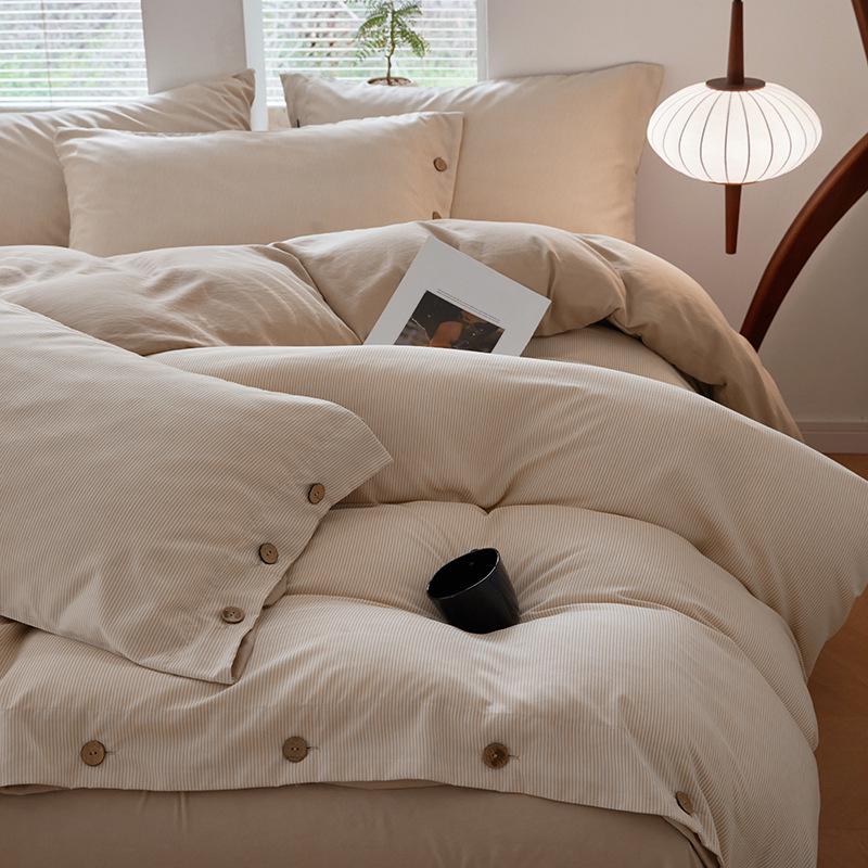 Retro Japanese Style Washable Cotton Bedding Set - Plain Stripe, Button Design, 3-Piece
