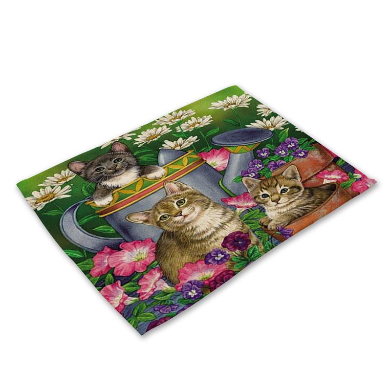 45X30cm Cute Cat Flower Pattern Placemat Dining Table Mats Cotton Linen Drink Coaster Western Pad Cup Mat For Home Decor Gifts