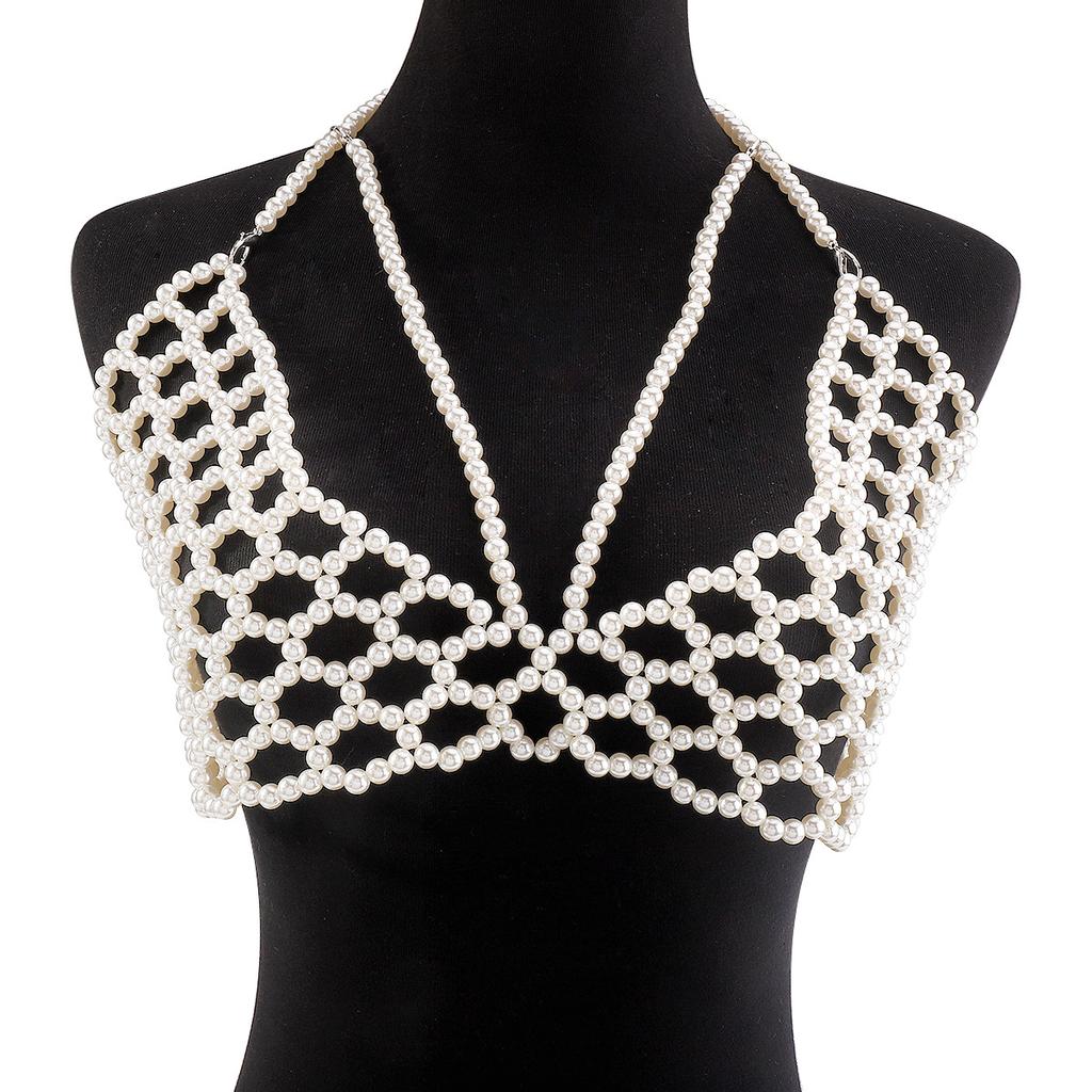 Fashionable Pearl Vest Trendy Hand-woven Body Chain Sexy Hollow Bikini Style Chest Ornament