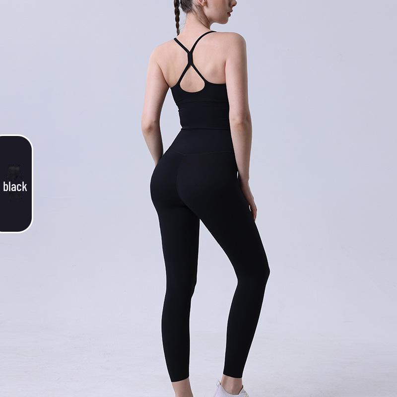 New Nude Yoga Set: Cross-Back Sports Bra & High-Waist Peach Hip Leggings