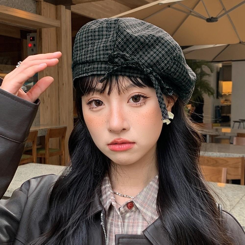 Korean Style Women Painter Hat Bow Women Octagonal Cap Sweet Plaid Beret Hat  Girl