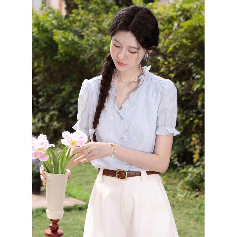 Women s French Ruffle Blue Short Sleeve Puff Sleeve Shirt L