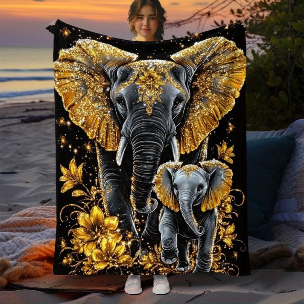 1pc Elephant with Intricate Patterns Flannel Throw Blanket - Lightweight Soft Warm All-Season Digital Print for Sofa, Camping, B