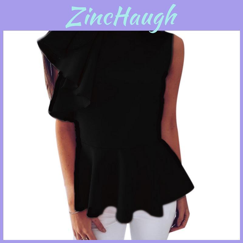 Premium Quality Women's Fashion Summer Round Neck Irregular Ruffled Slim Sleeveless Solid Top