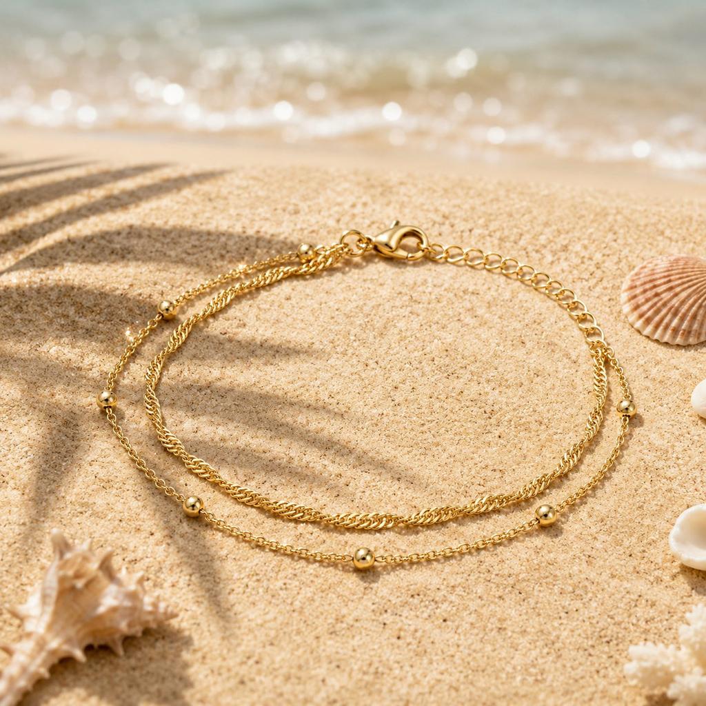 Tarnish Free Bead Anklet,Stainless Steel Double Layered Foot Chain Adjustable,Summer Beach Versatile Jewelry for Her Gift