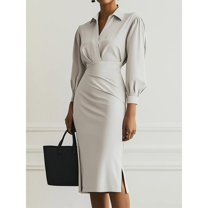 Elegant V-Neck Solid Color Wrap Waist Pleated Knit Midi Dress Women 2025