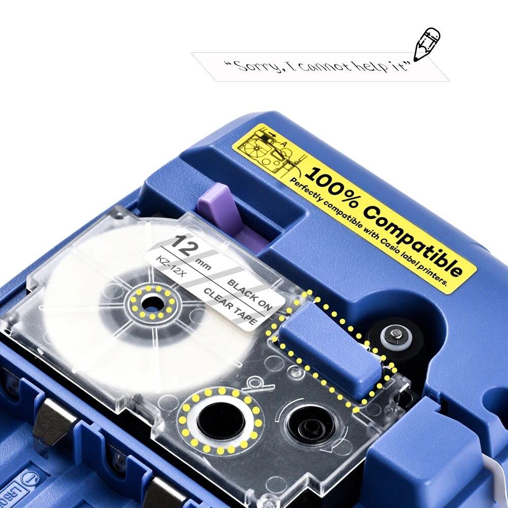 5Pcs XR-12X ribbon cartidge compatible for Casio label printer Black on Clear casio label tape 12mm XR12X for EZ Printers KL-120