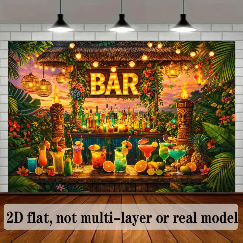 Toile de fond Tiki Bar 2D, Bannière de fond photo pour fête de cocktail Luau Hawaïen Tropical