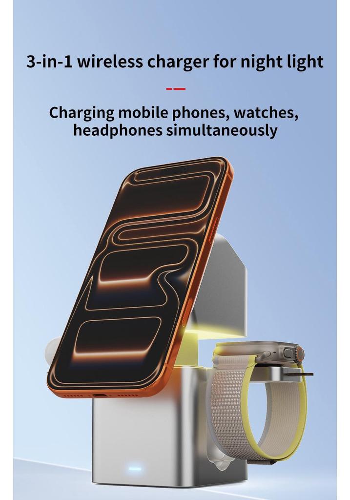 Three-in-One Wireless Charger with Adjustable Night Light, Qi2 Compatible, for Apple & Samsung, 25W