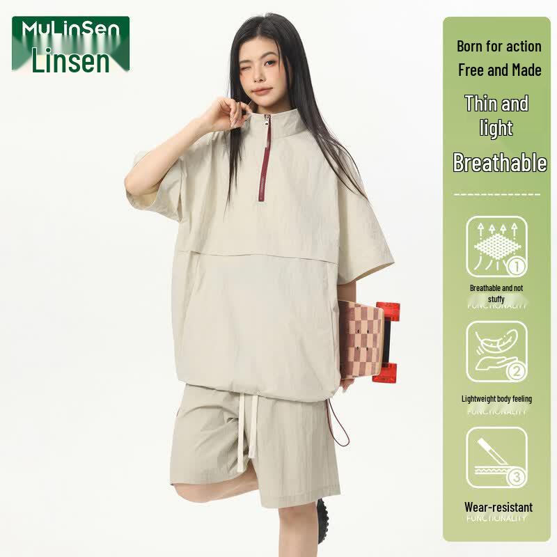 MULINSEN Women s Summer Ice Silk Quick-Dry Half-Zip Short Set 2XL
