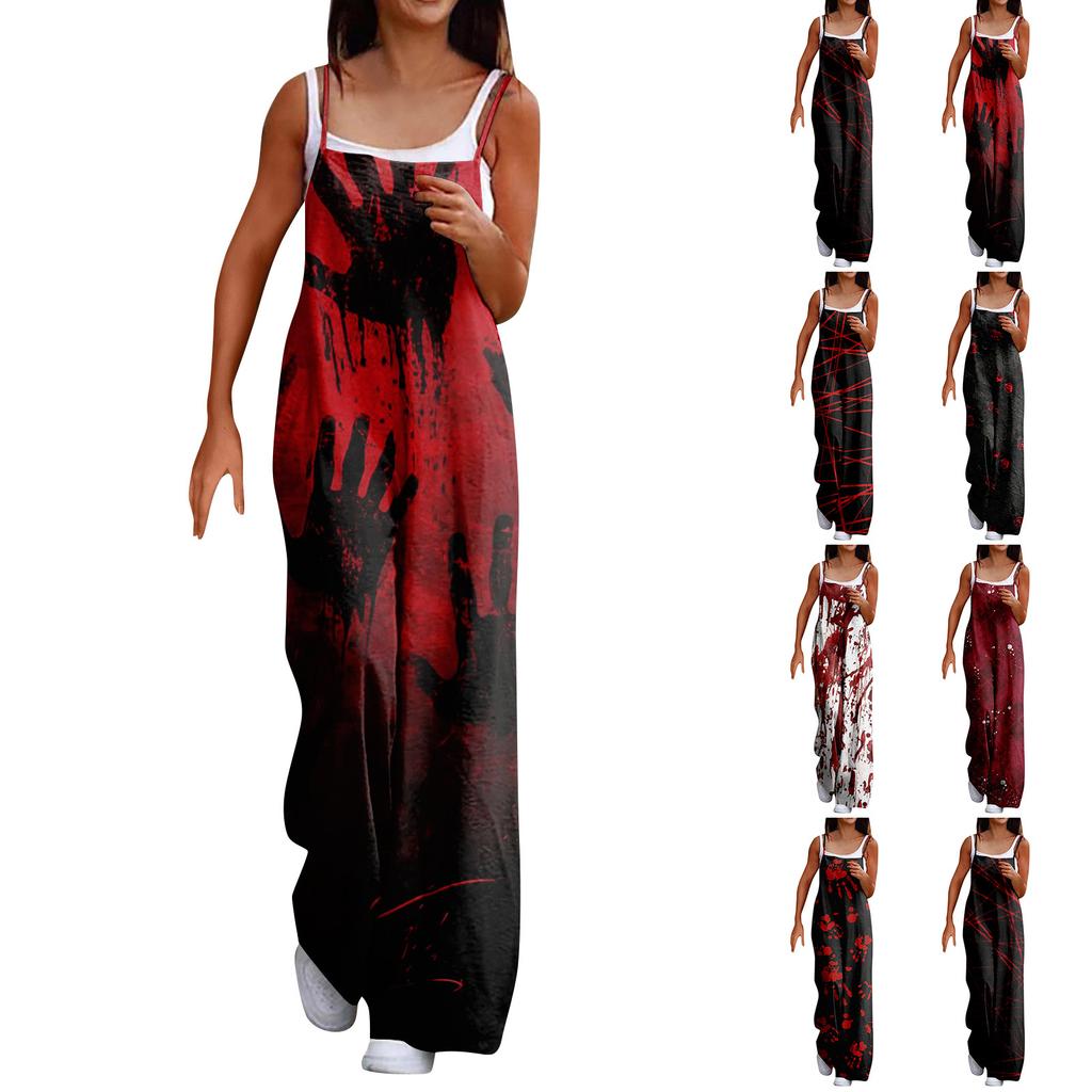 Overaly se širokými nohavicemi pro ženy Ležérní Volný Potisk bez rukávů Knoflík Dlouhé kalhoty Overal s kapsami