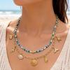 Boho Starfish Shell Conch Seahorse Dolphin Fishtail Pendant Necklace Double Layer Rice Beaded Choker Summer Ocean Beach Jewelry