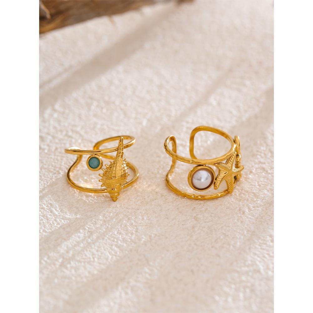 Eetit Ocean Style Seahorse Starfish Shell Open Adjustable Ring PVD Plated Golden Holiday Finger Adjustable Jewelry Wholesale