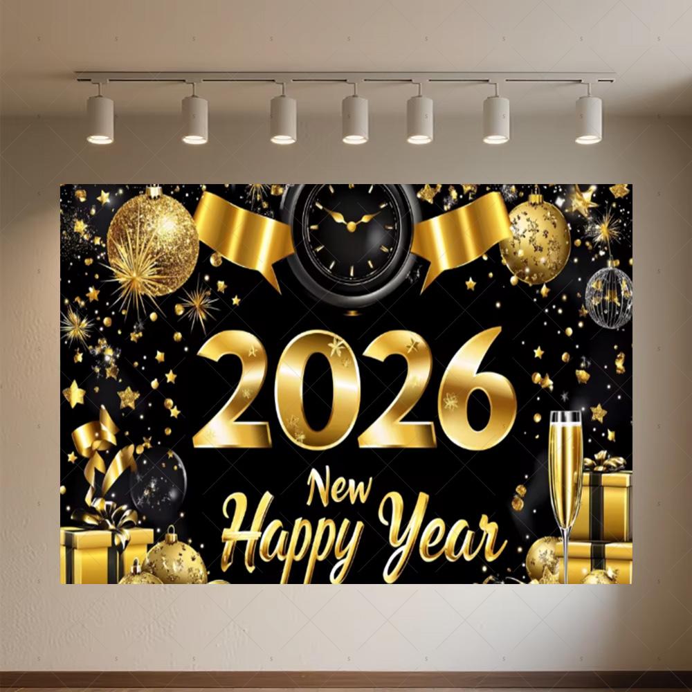 Black Gold New Year Background Banner Glitter 2026 Happy New Year Backdrop Supplies Balloons New Year Party Decoration Gifts