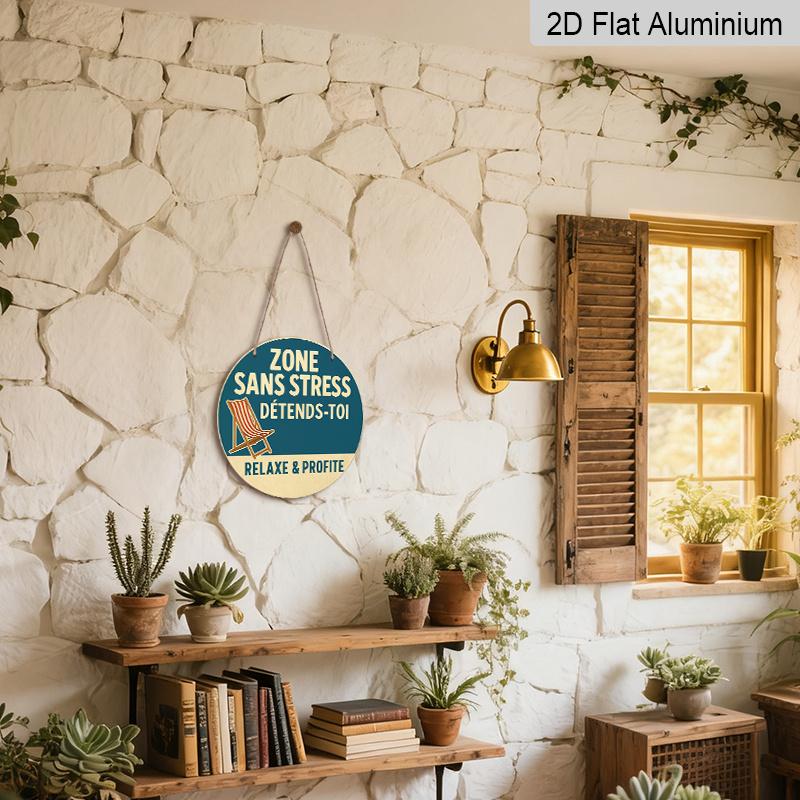 2D Flat, 1pc Suitable for Decorating Stress-Free Zone Sign - 7.87" Vintage Round Aluminum Wall Plaque with "Relax and Enjoy Life" Quote