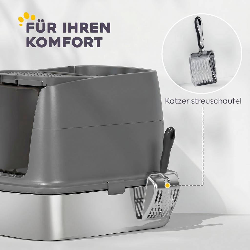 Large Stainless Steel Litter Box, Enclosed Metal Cat Litter Tray with Scoop, Deodoriser Bag, Front-Entry and Top-Exit