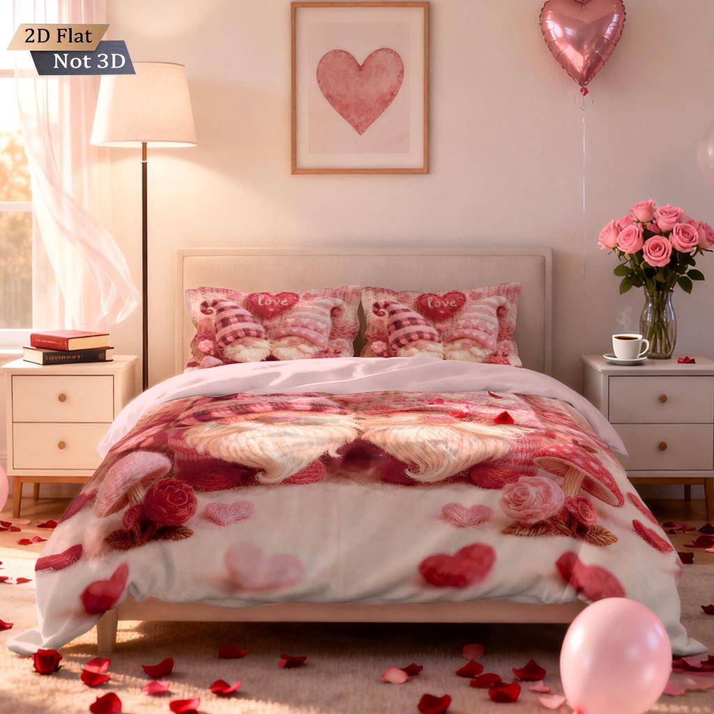 3pcs Valentine's Day romantic pink heart-shaped goblin print coreless down duvet cover set multi size bedroom bedding decoration