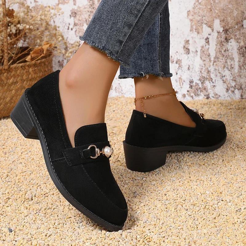 Fashion Fashion Leopard Square Heels Pumps Women Pointed Toe Pearl High Heel Party Shoes Woman Spring Slip-On Non-Slip Loafers Shoes