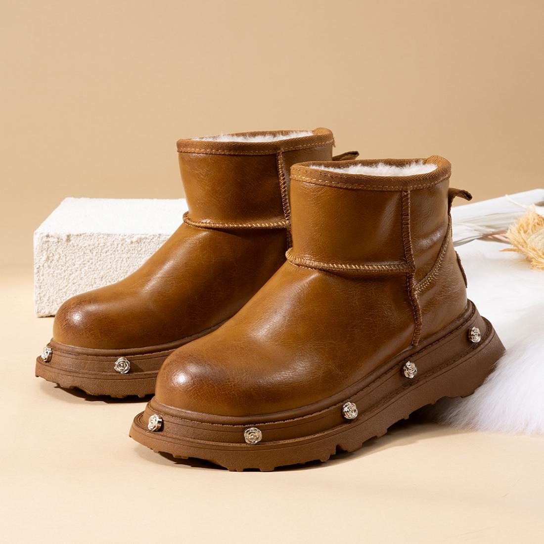 Цветочные меховые балетки на платформе женские зимние ботинки плюшевые теплые кожаные — фото 9