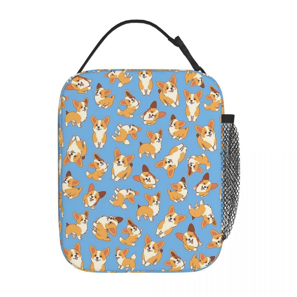 Blue Background Cute Cartoon Corgi Insulated Lunch Bag for Women Children Leakproof Food Boxes Thermal Lunch Box Tote