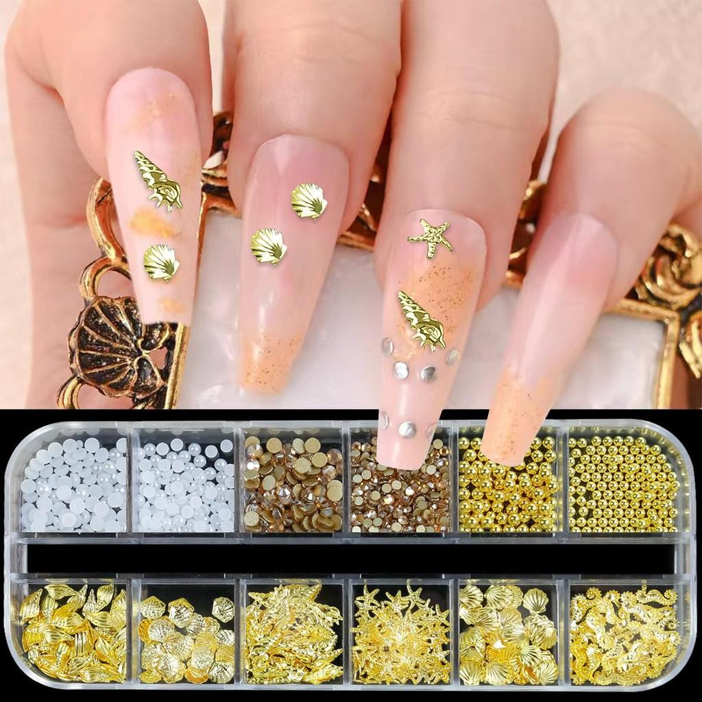 12-Grid Boxed Nail Art Ornaments: Seashell, Starfish, Bow, and Metal Rivets