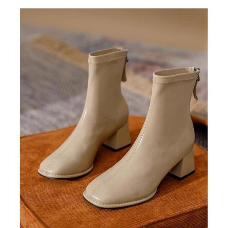 Riesen Komfort Nische Quadratkopf Außergewöhnliche Britische Mittelhohe Stiefel Braun Dicker Absatz Skinny Stiefel Damen Kugel