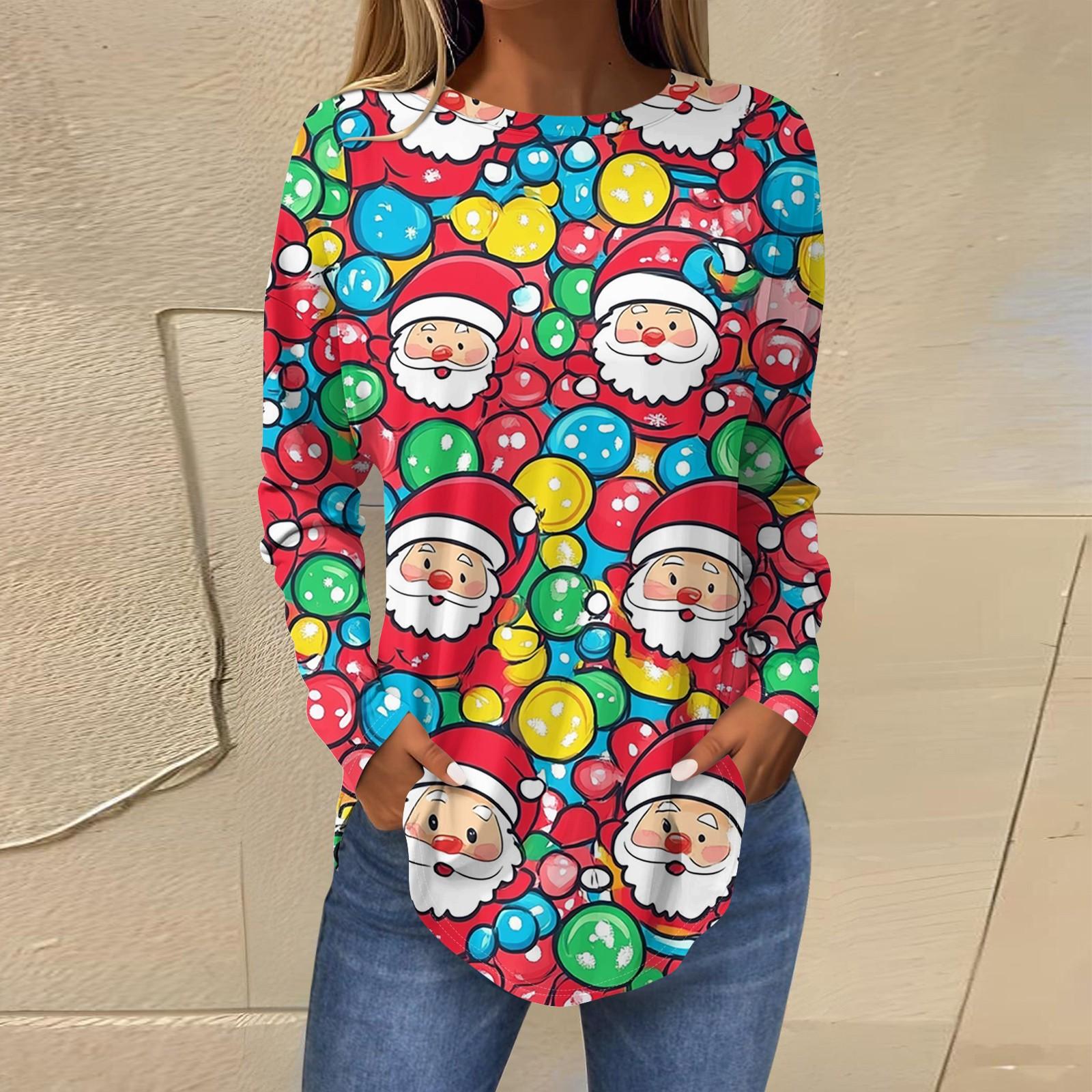 

Женская повседневная футболка больших размеров с длинными рукавами и круглым вырезом с рождественским принтом S красный