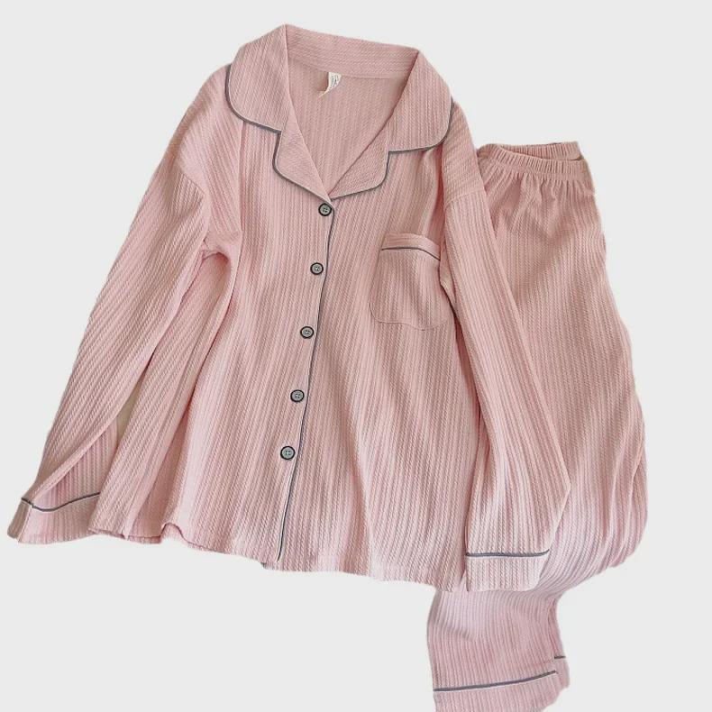 2024 Women's Long-Sleeve V-Neck Ribbed Cotton Pajama Set - Sweet Princess Style, Solid Color, Large Size, Ideal for Spring and Autumn.