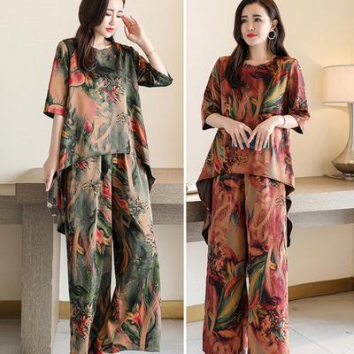 2Pcs/Set O-Neck Half Sleeve Casual Outfit High Low Hem Elastic Waistband Pockets Women Retro Pattern Long Top Wide Leg Pants Set Streetwear