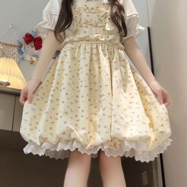 Summer Sweet Floral Suspender Dress & White Collared Shirt Set for Students