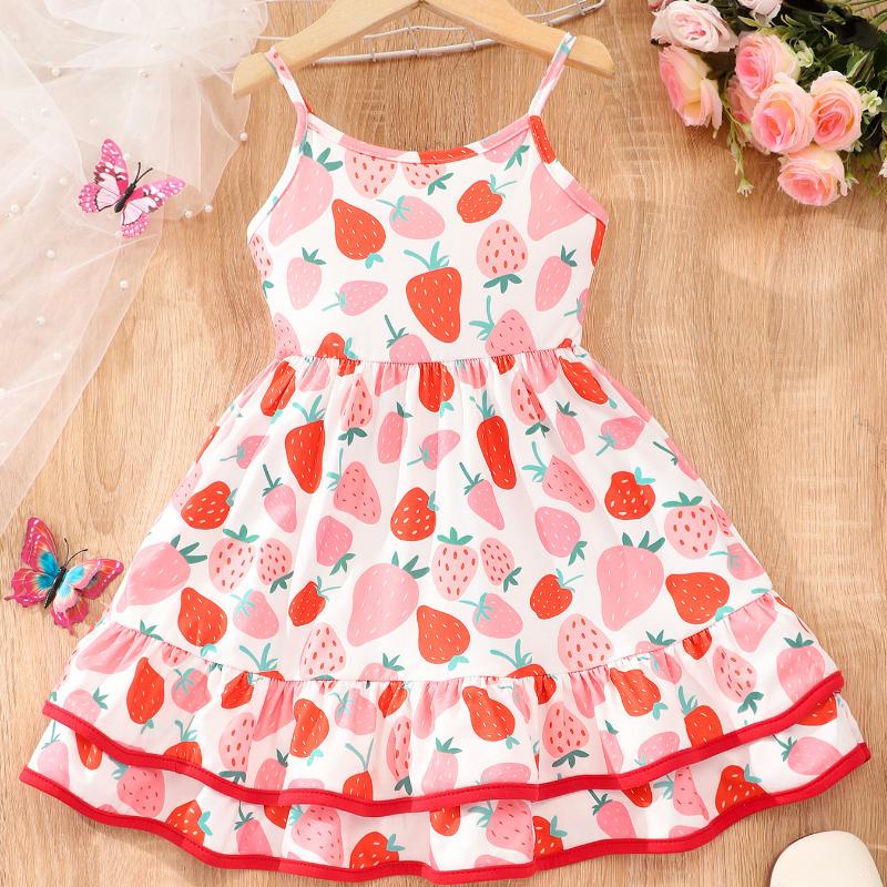 Модное платье для девочек Strawberry Ice Killin Print с бретельками через шею и двойным подолом. Повседневное платье для детей на весну и лето 3Y