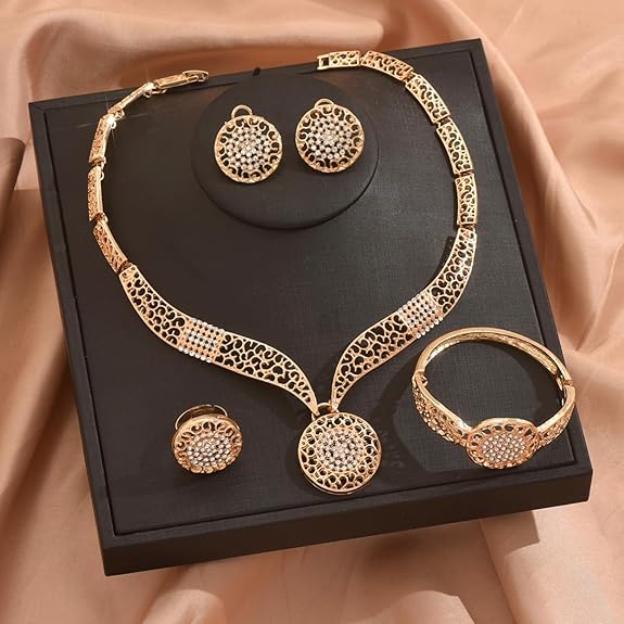 Bracelet Ring Earrings Combo Necklace Jewellery Set for Women Latest Stylish Design Fancy Crystal