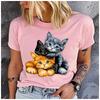 Women's Cute Three Cats Print T-shirt Loose Round Neck Casual Short Sleeve Fashion Top Wholesale Clothing Summer