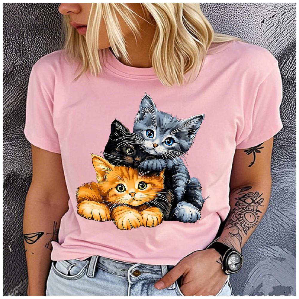 Women's Cute Three Cats Print T-shirt Loose Round Neck Casual Short Sleeve Fashion Top Wholesale Clothing Summer