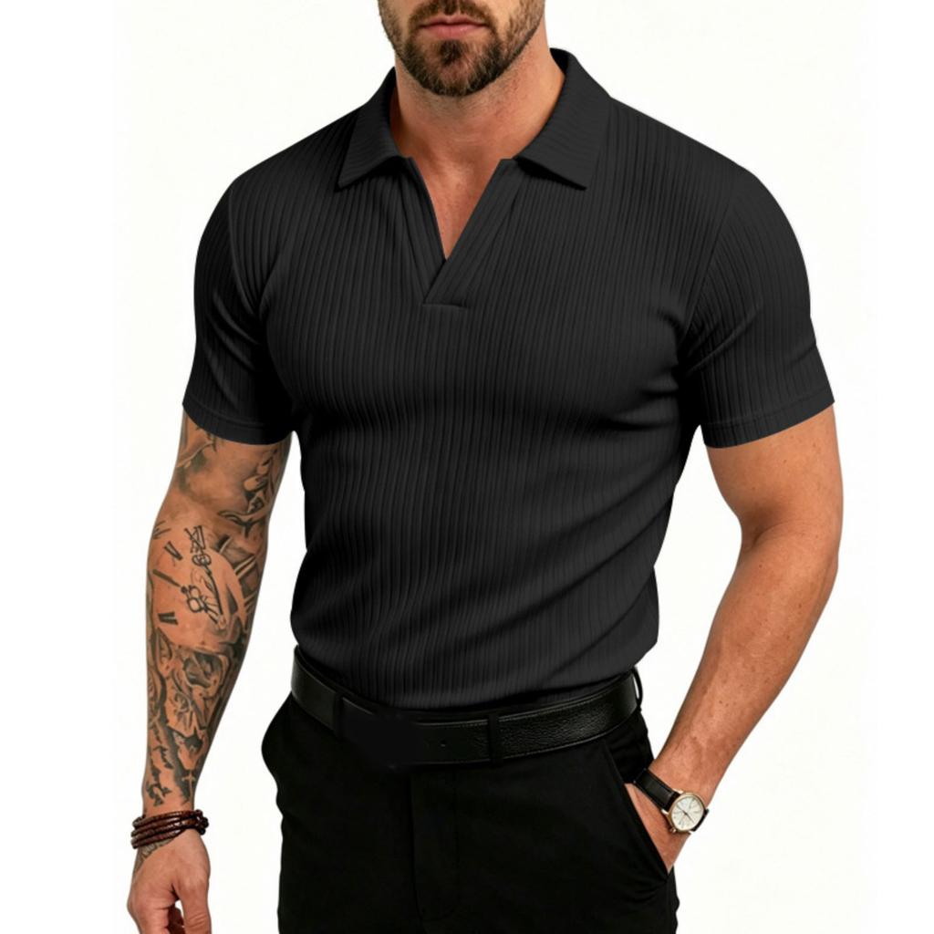 Men's Stretch Breathable Polo Shirt V Neck Ribbed Knit Short Sleeve T Shirt Casual Lightweight Summer Top