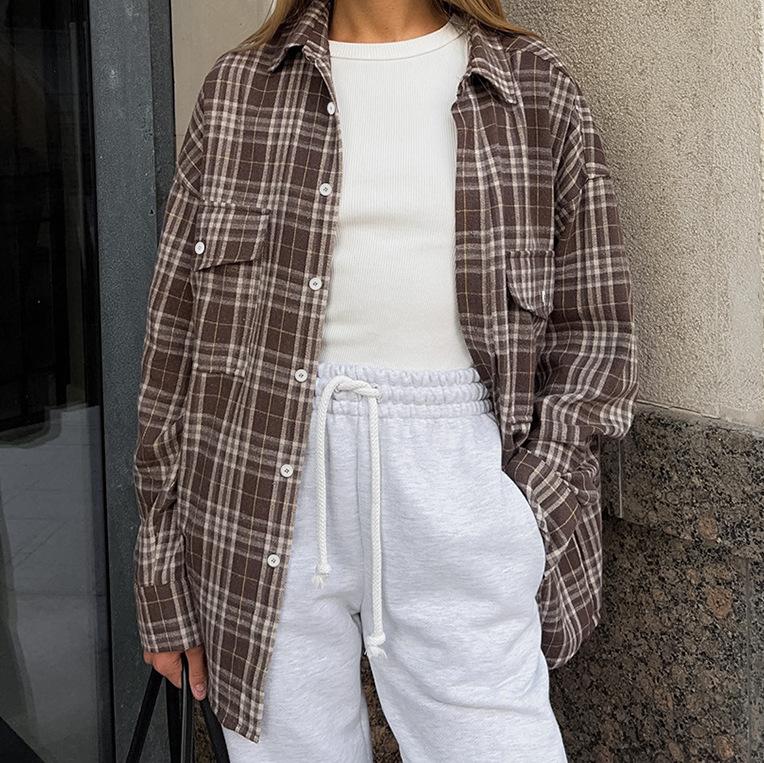 American Classic Plaid Polyester Cotton Lapel Loose Casual Shirt 1116 European and American Autumn Fashion New Women's Cardigan