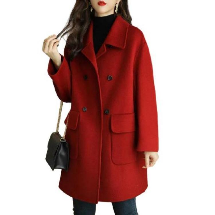 Warm Thickened Woolen Coat for Women Autumn Winter Double Breasted Lapel Flap Pockets Mid Length Loose Fit Overcoat