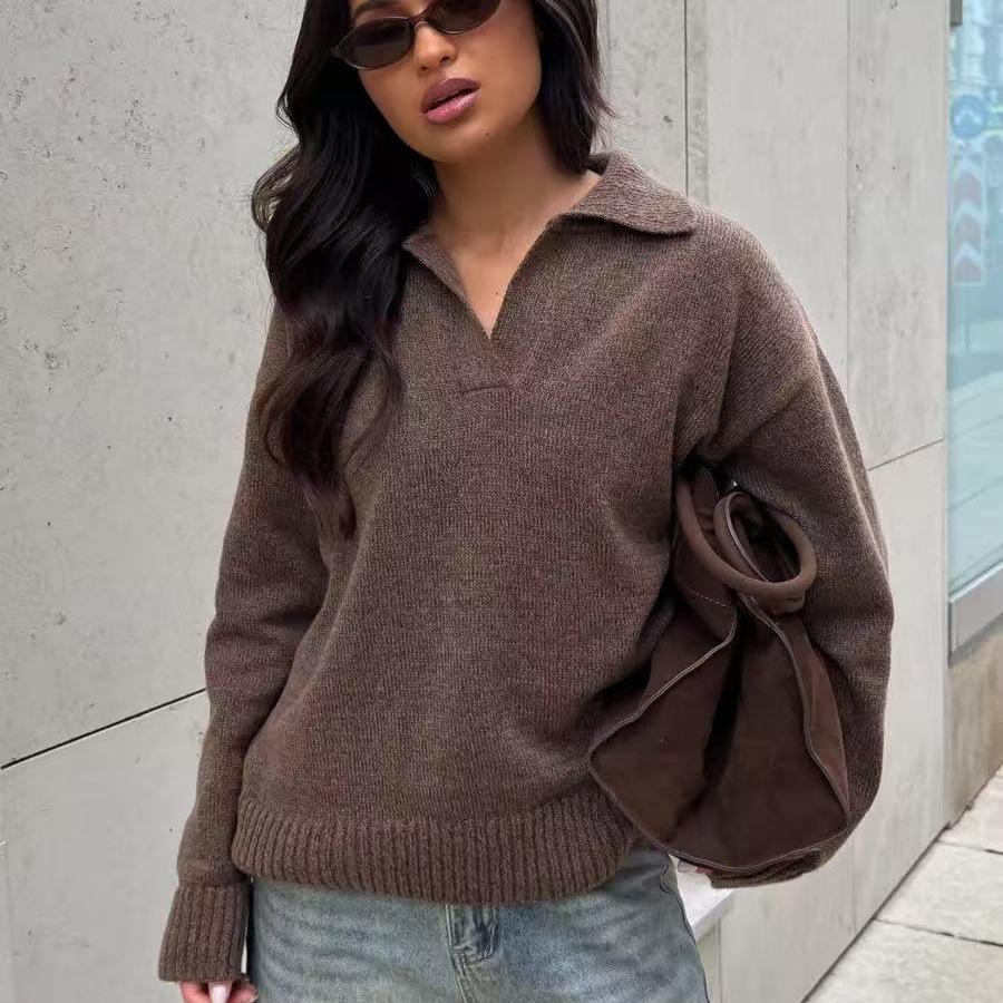 2026POLO lapel sweater women's loose casual European and American autumn and winter spot knitted women's top