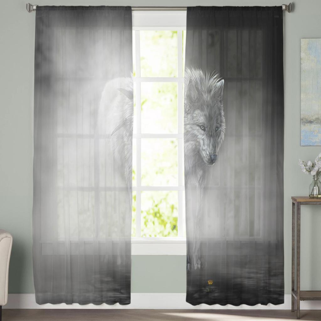 Wolf im Nebel Moderne Vorhänge für Wohnzimmer Transparente Tüllvorhänge Fenstersheer für das Schlafzimmer Zubehör Dekor