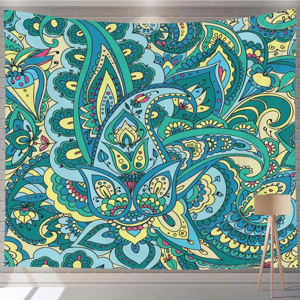 Ethnic Tapestry Colorful Flowers Paisley Motifs Style Nature Doodle Tapestry Wall Hanging Decor for Bedroom Living Room Dorm
