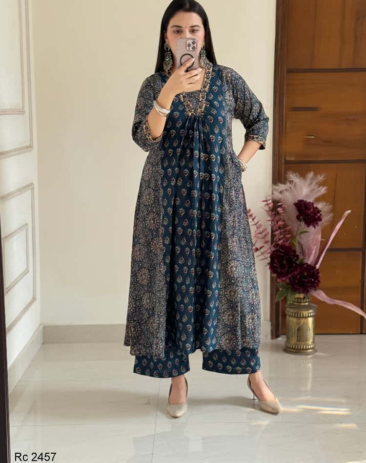 Women's Anarkali Cotton Printed Salwar Kameez Indian Bollywood Party Wear Top Tunic Kurti Set