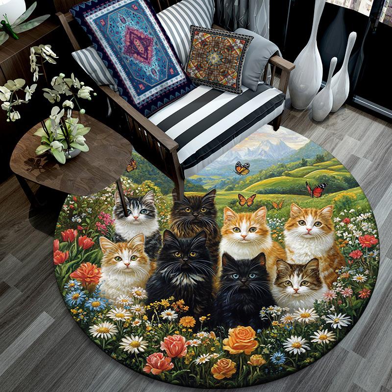 Cats In a Garden Round Area Rug,Carpet Rug for Living Room Bedroom Sofa Playroom Decor,Non-slip Floor Mat