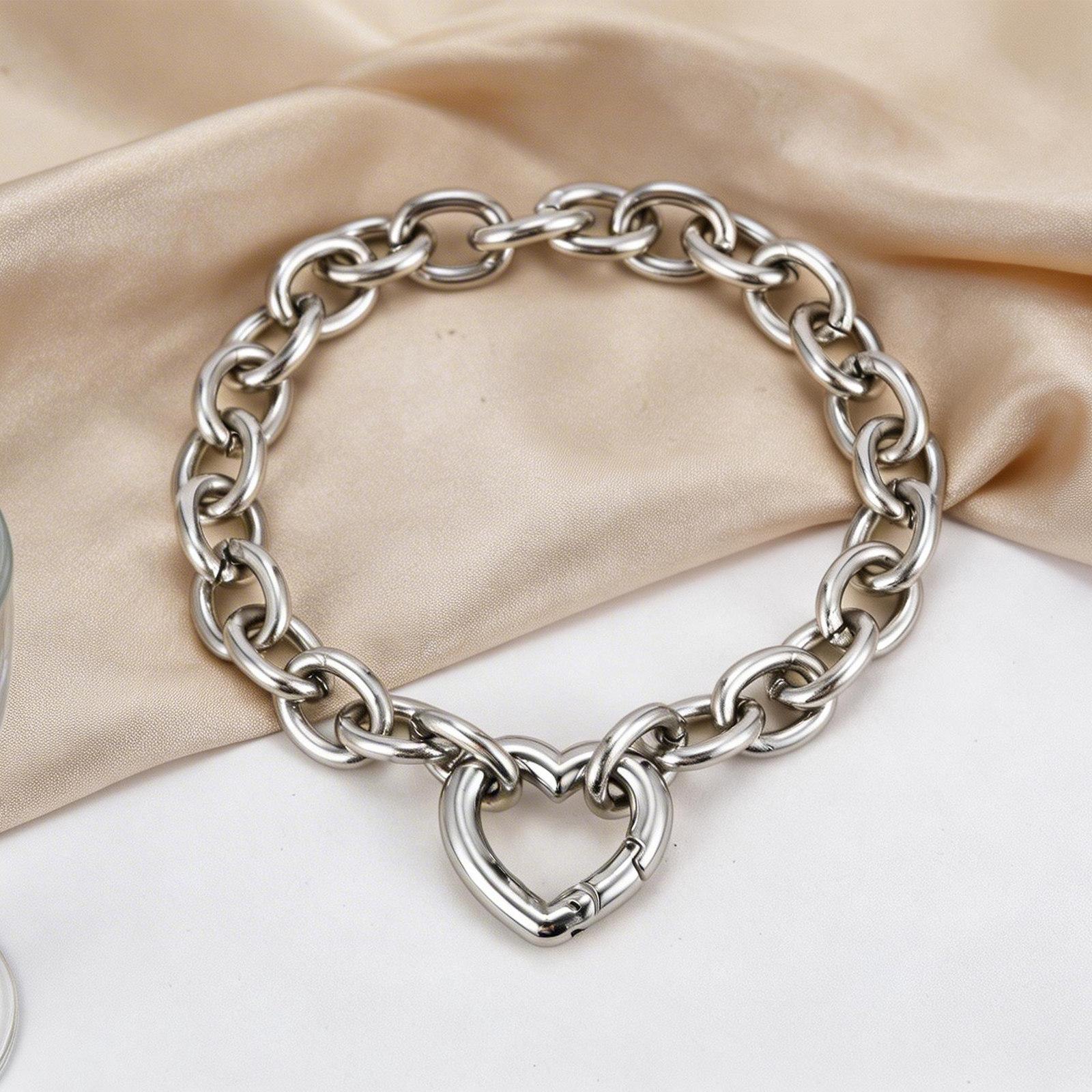 

Chunky Heart-Shaped Clasp Necklace for Women Stainless Steel Round Rolo Chain Necklaces High-Quality Jewelry Gift