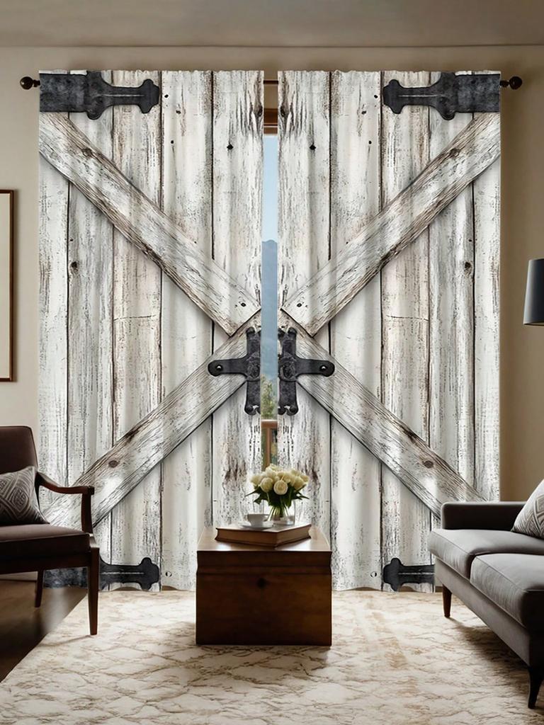 Country Style Barn Door Design Black Metal Decorative Curtain-Rod Pocket Blackout Curtain Panel for Home Decoration
