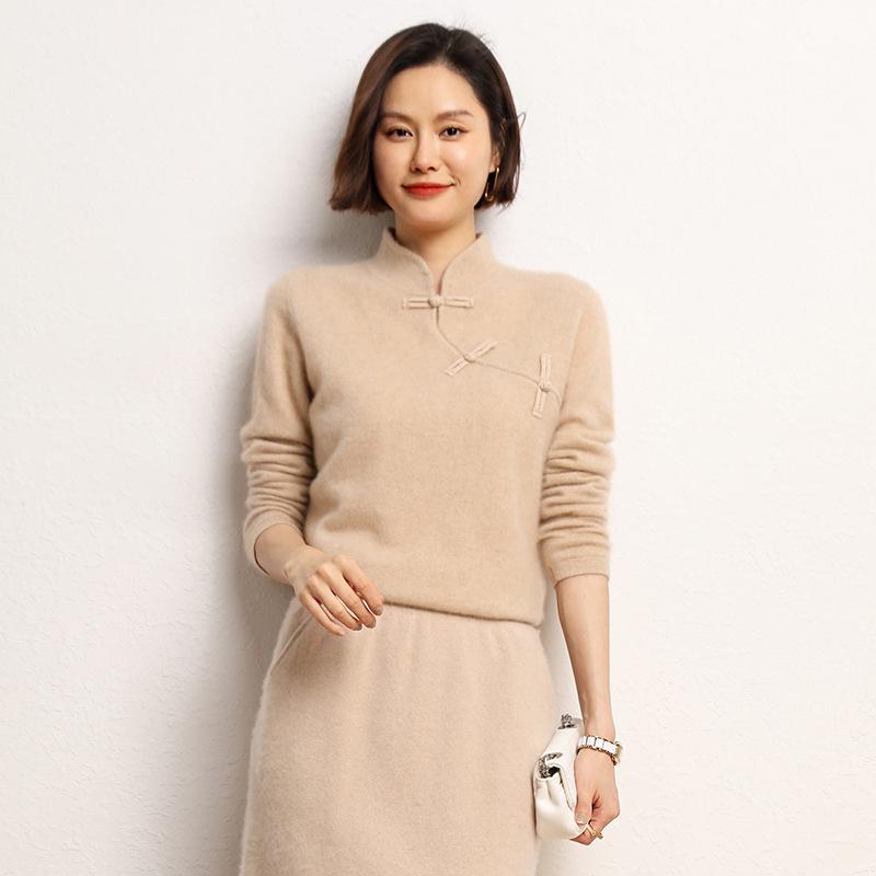 Retro Cashmere Stand Collar Sweater with Frog Buttons - Chinese Style Autumn/Winter Versatile Pullover