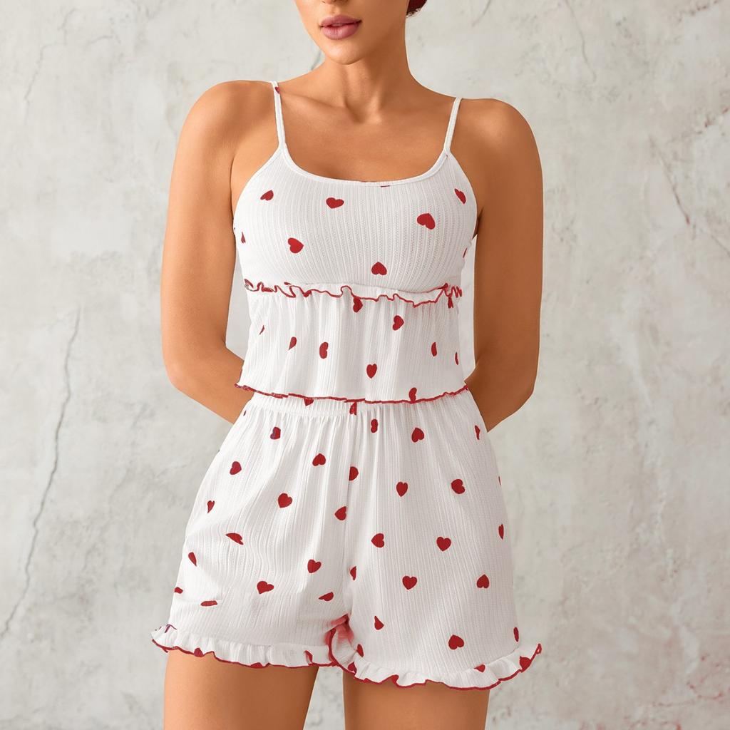 Summer heart print Pajamas Set for Women Homewear Lotus Leaf Edge pijamas Sexy Sling Crop Tops and Shorts 2 Pieces Set Sleepwear