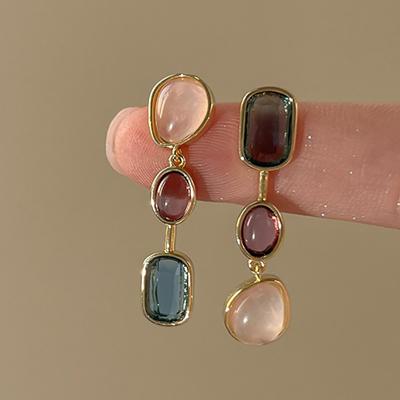 Asymmetric Colorful Gem Earrings For Women Silver Needle Medium Antique Contrast Earrings Design Sense
