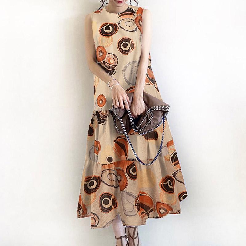 

ZANZEA Женское повседневное летнее платье с круглым вырезом, без рукавов, свободного кроя, с принтом S оранжевый