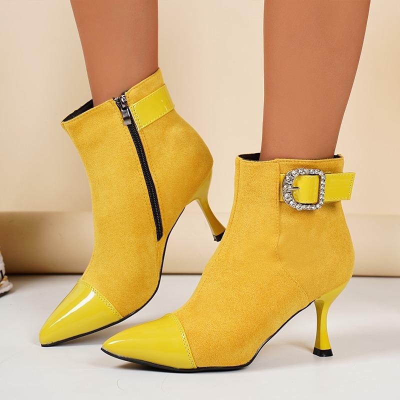

French Fashion Rhinestone Booties Pointed Toe High Heel Side Zipper Booties Fall Winter 2026 New Fashion Boots 36 жёлтый