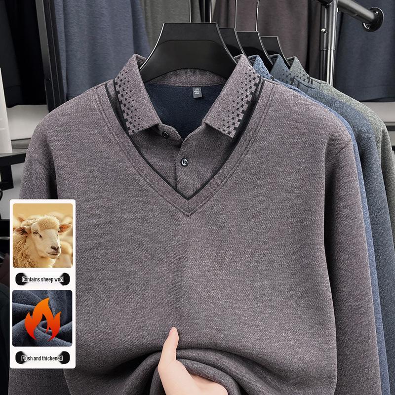 Herren Herbst/Winter Verdickter Samt Wolle Revers Zweiteiliger Lagenpullover für Mittleres und Älteres Alter